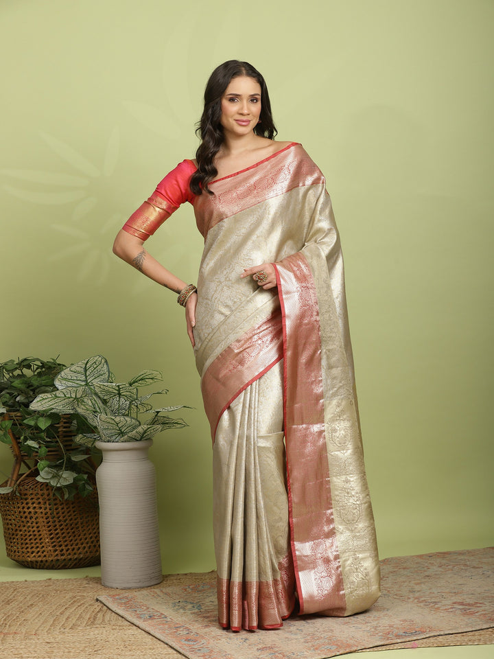 Beige Red Woven Design Art Silk Saree