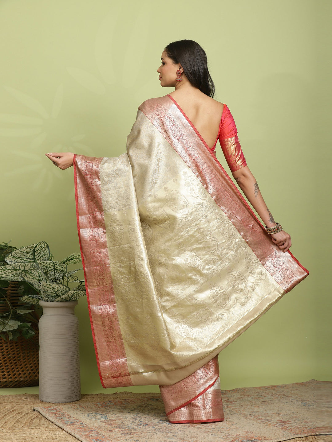 Beige Red Woven Design Art Silk Saree