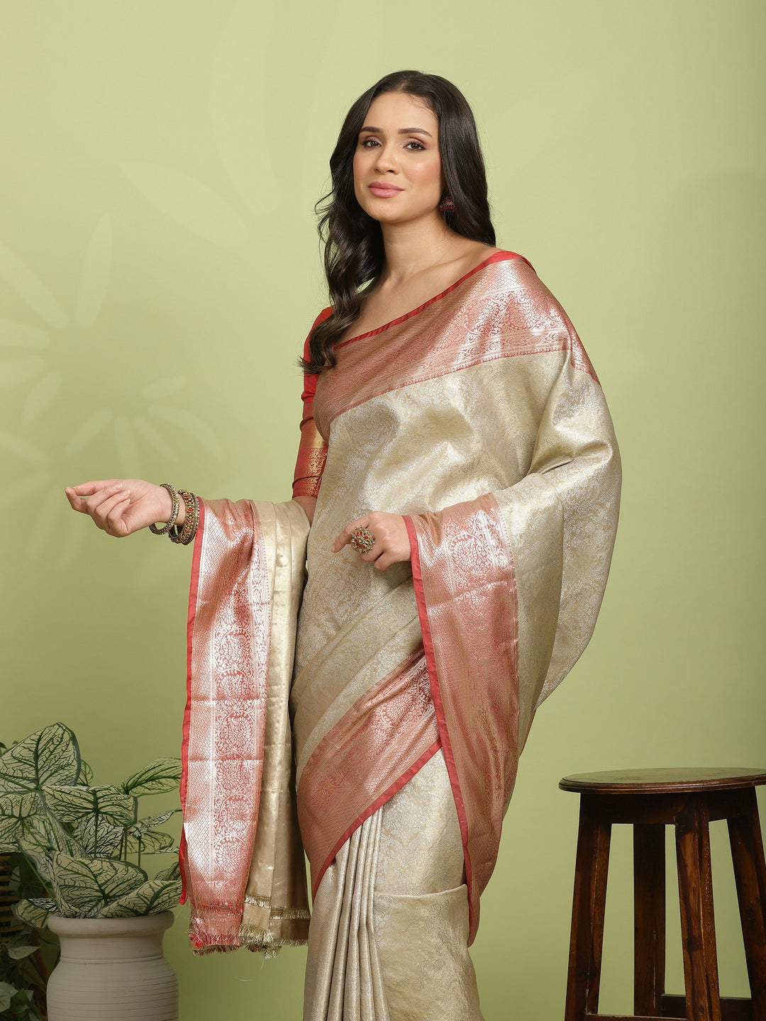 Beige Red Woven Design Art Silk Saree