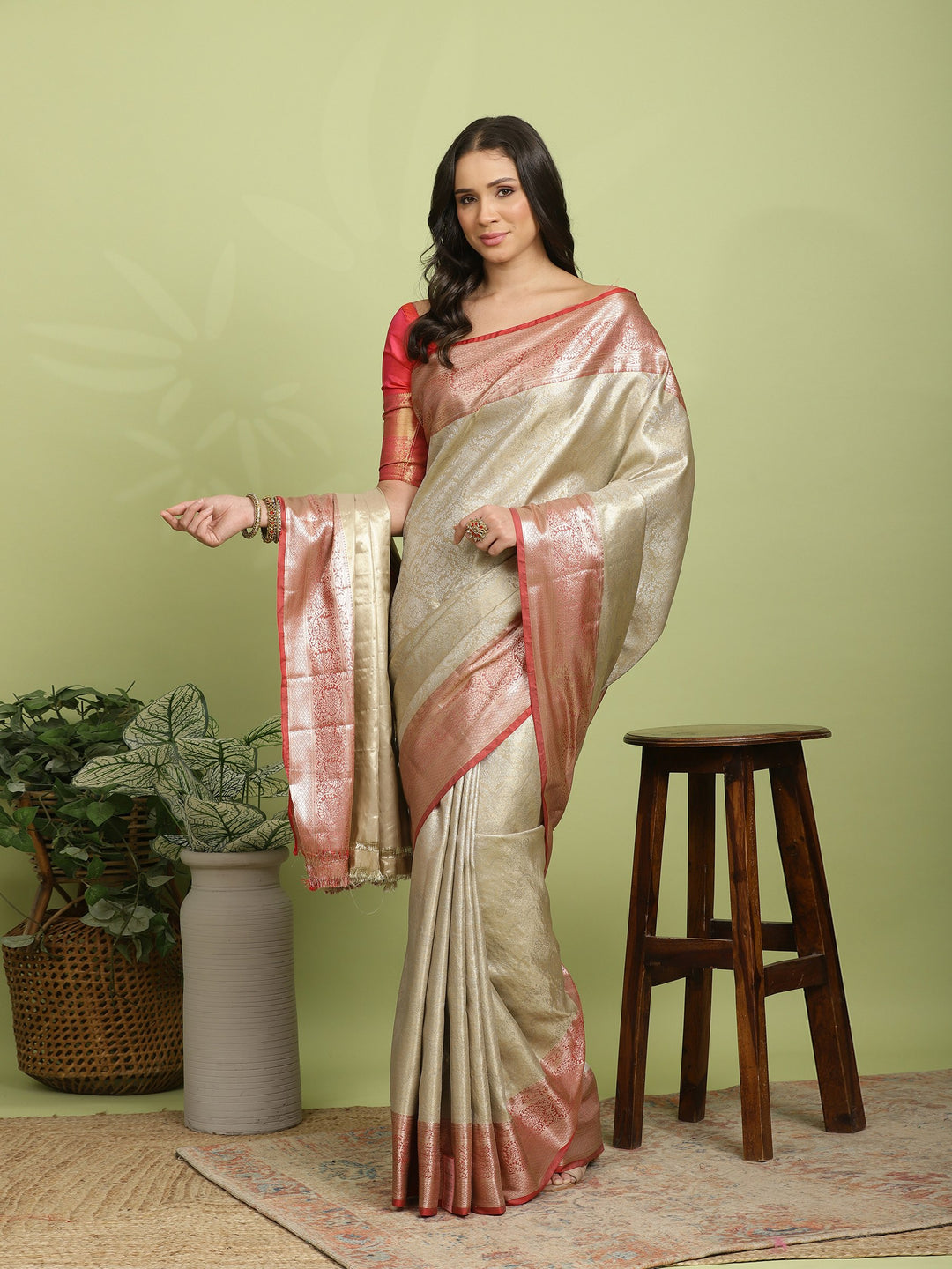 Beige Red Woven Design Art Silk Saree