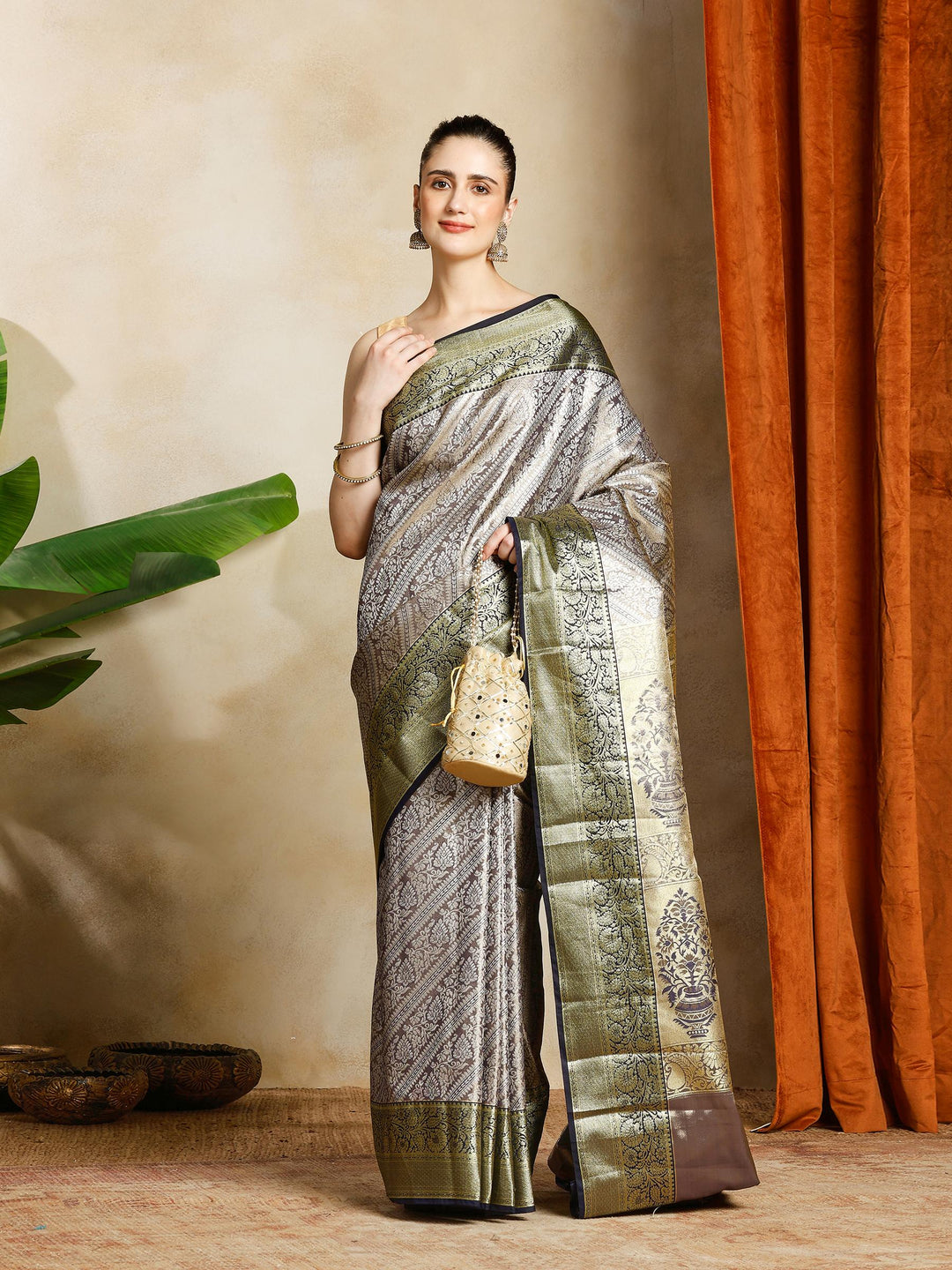 Grey Kalamkari Woven Design Art Silk Saree