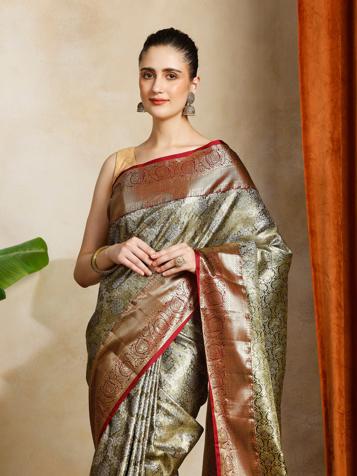 Olive Green Kalamkari Woven Design Art Silk Saree