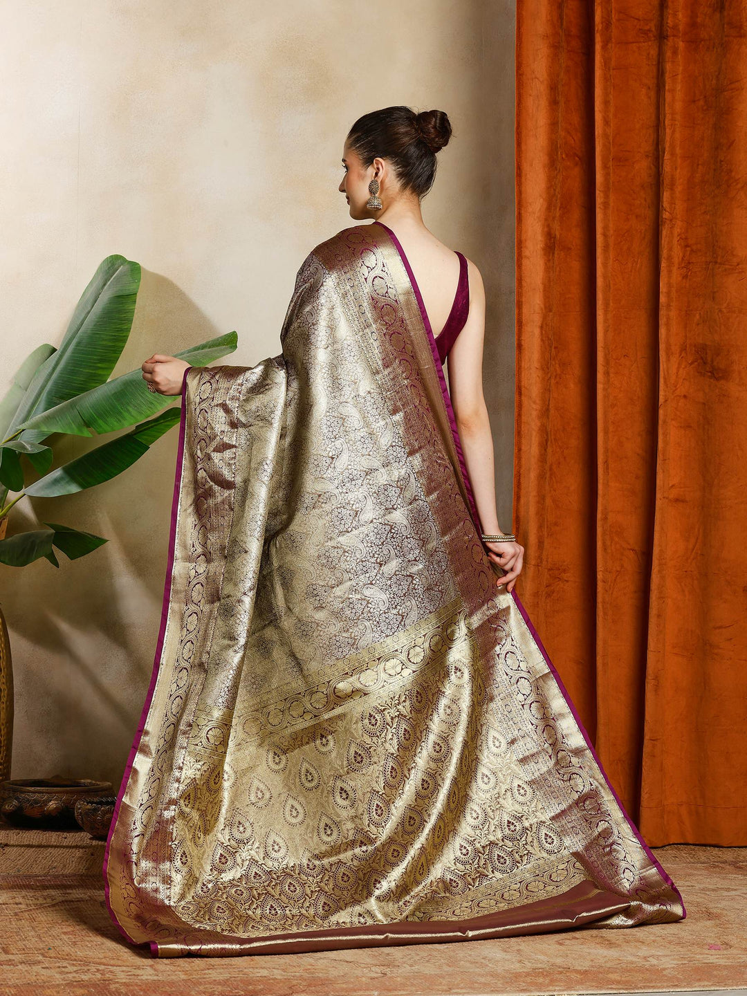 Grey Purple Kalamkari Woven Design Art Silk Saree