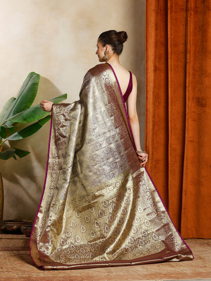 Grey Purple Kalamkari Woven Design Art Silk Saree