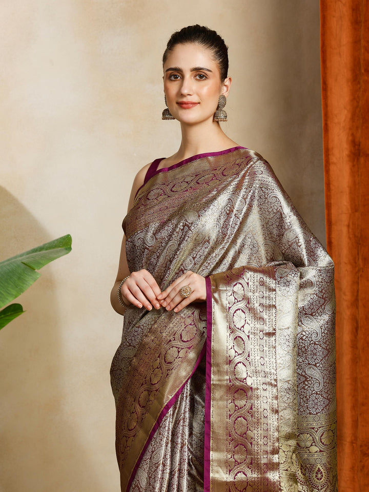 Grey Purple Kalamkari Woven Design Art Silk Saree