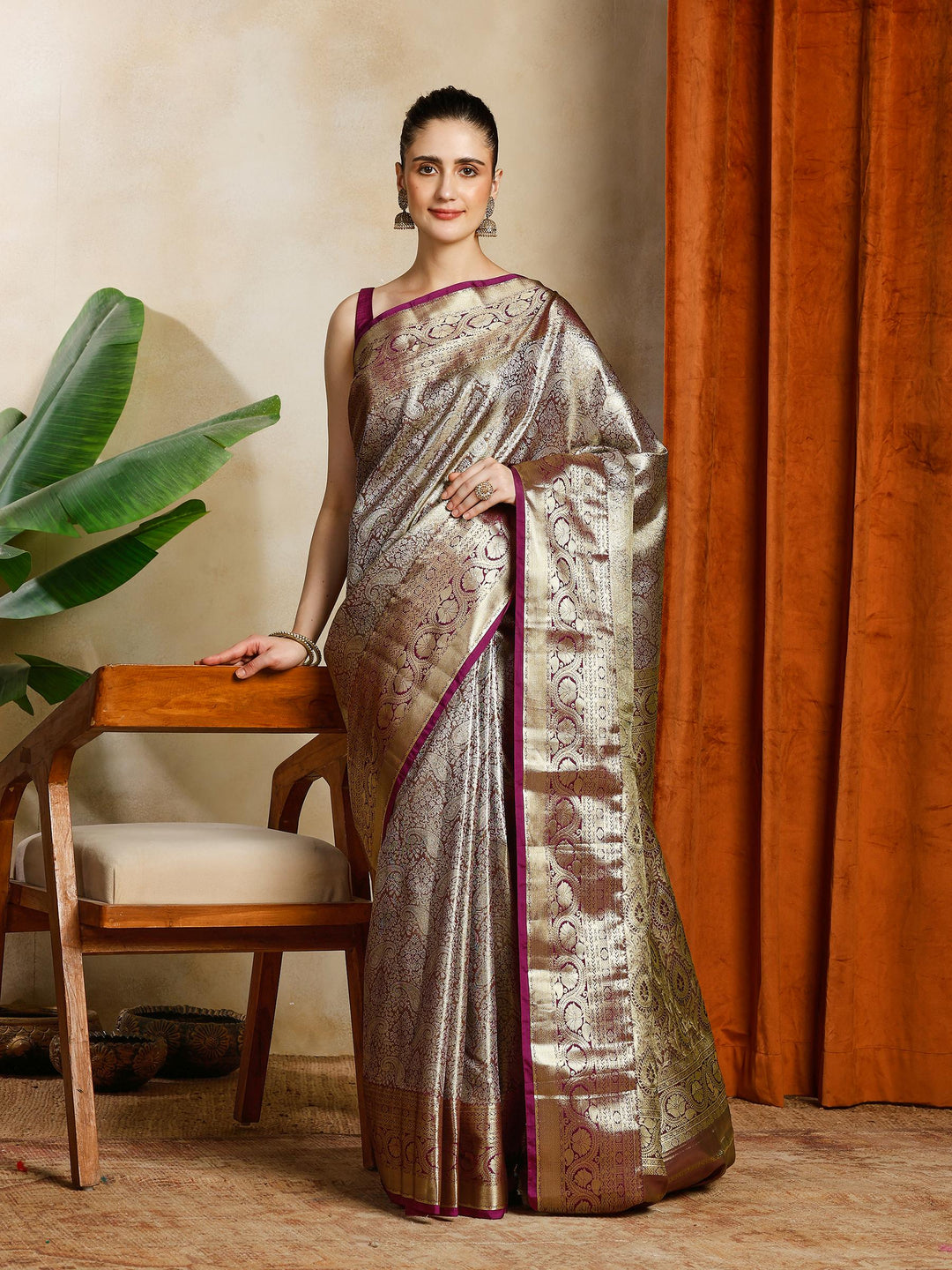 Grey Purple Kalamkari Woven Design Art Silk Saree