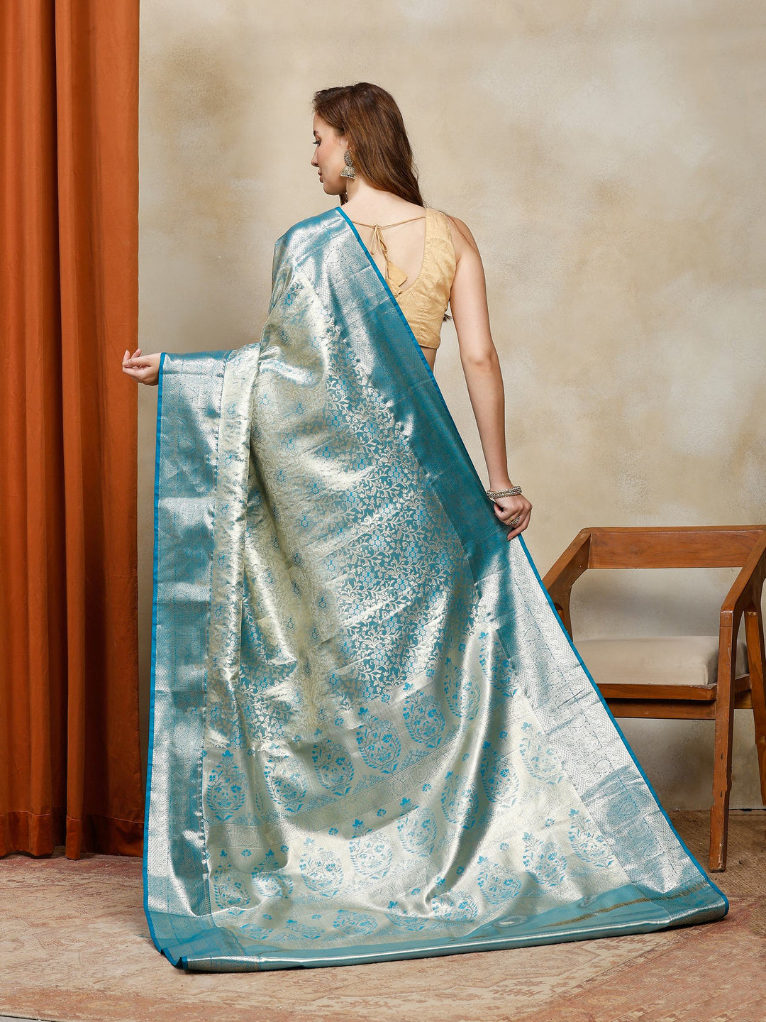 Lake Blue Kalamkari Woven Design Art Silk Saree