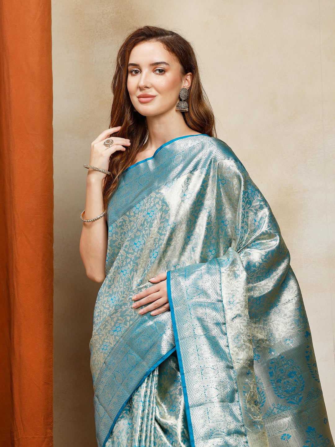 Lake Blue Kalamkari Woven Design Art Silk Saree