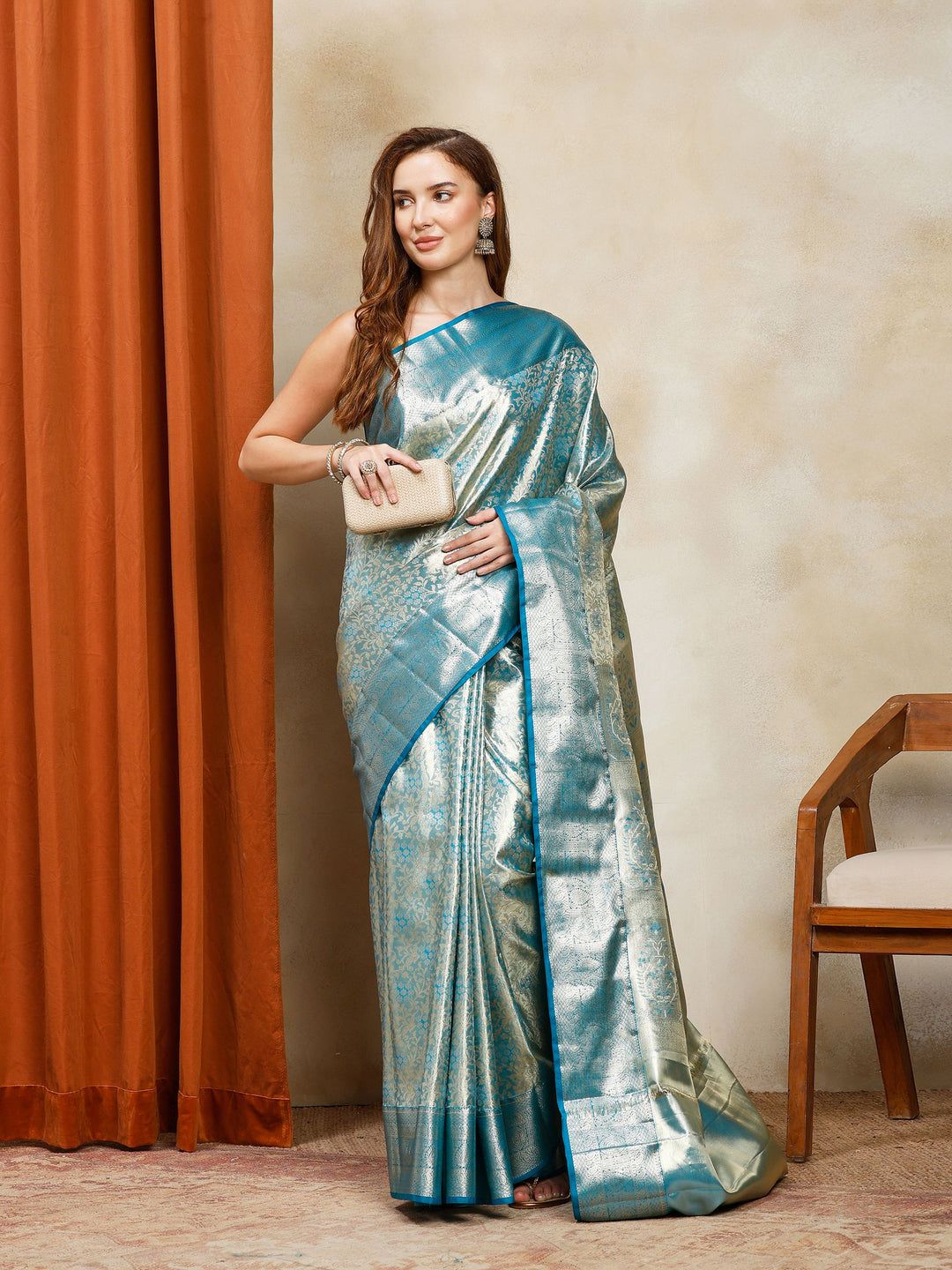 Lake Blue Kalamkari Woven Design Art Silk Saree