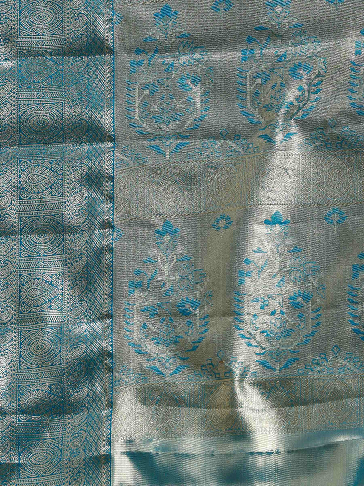 Lake Blue Kalamkari Woven Design Art Silk Saree
