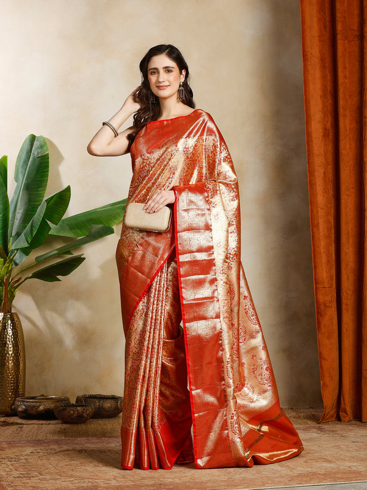 Red Kalamkari Woven Design Art Silk Saree