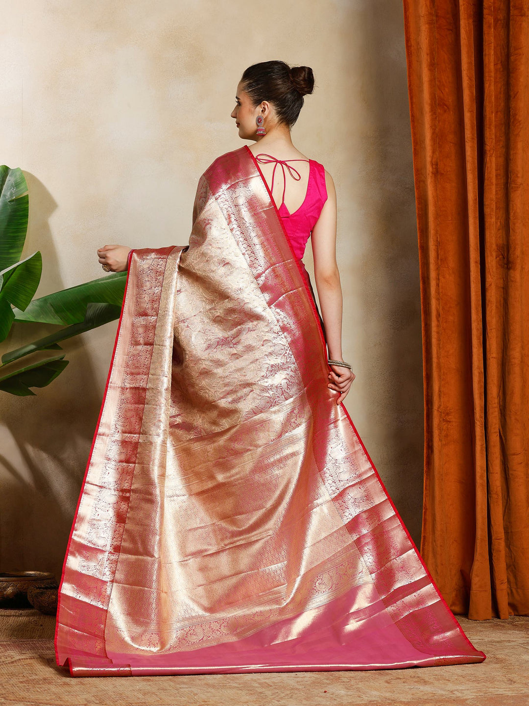Peach Kalamkari Woven Design Art Silk Saree
