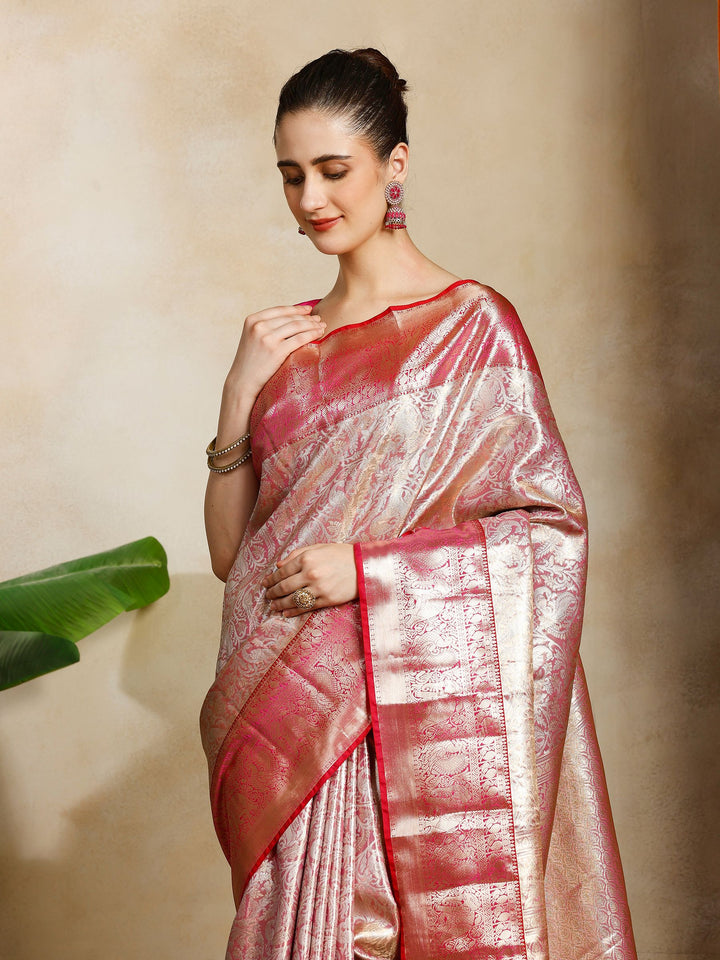 Peach Kalamkari Woven Design Art Silk Saree