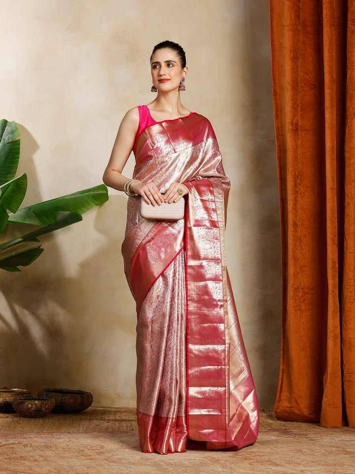 Peach Kalamkari Woven Design Art Silk Saree