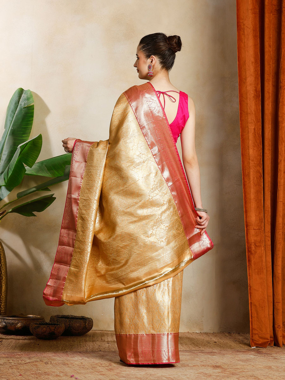 Peach Kalamkari Woven Design Art Silk Saree
