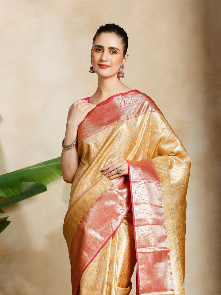 Peach Kalamkari Woven Design Art Silk Saree