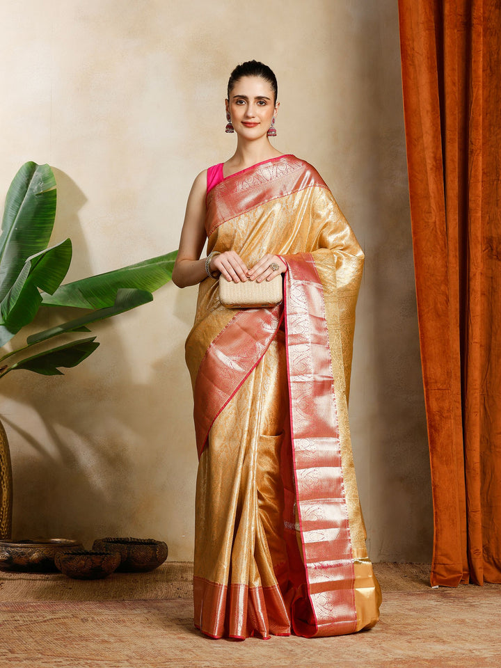 Peach Kalamkari Woven Design Art Silk Saree
