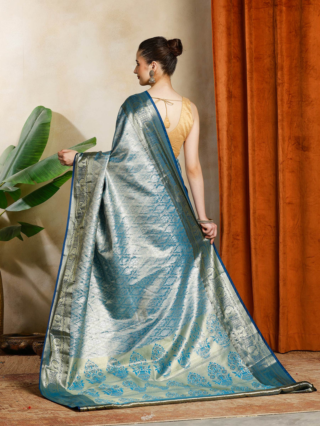 Teal Blue Kalamkari Woven Design Art Silk Saree