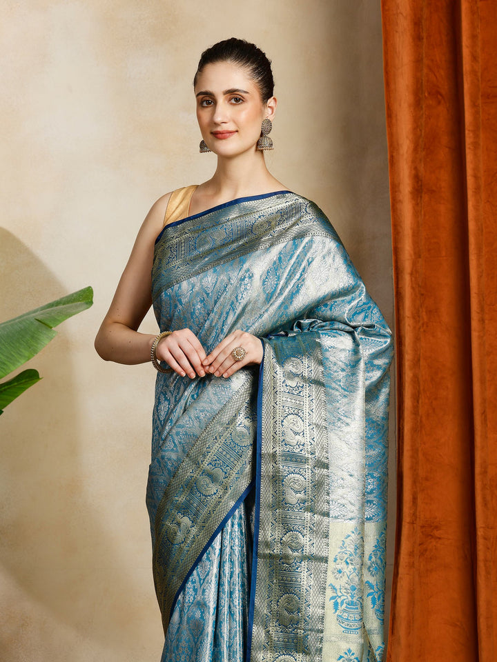 Teal Blue Kalamkari Woven Design Art Silk Saree