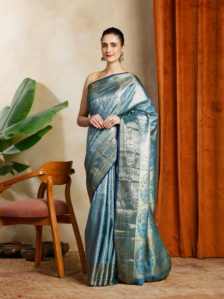 Teal Blue Kalamkari Woven Design Art Silk Saree