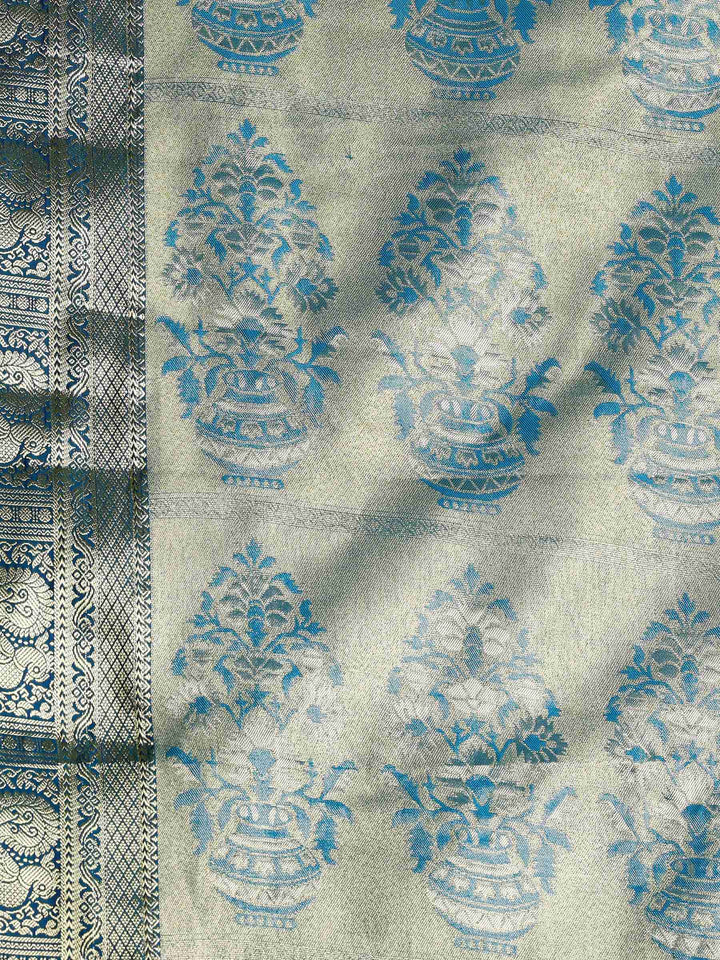 Teal Blue Kalamkari Woven Design Art Silk Saree