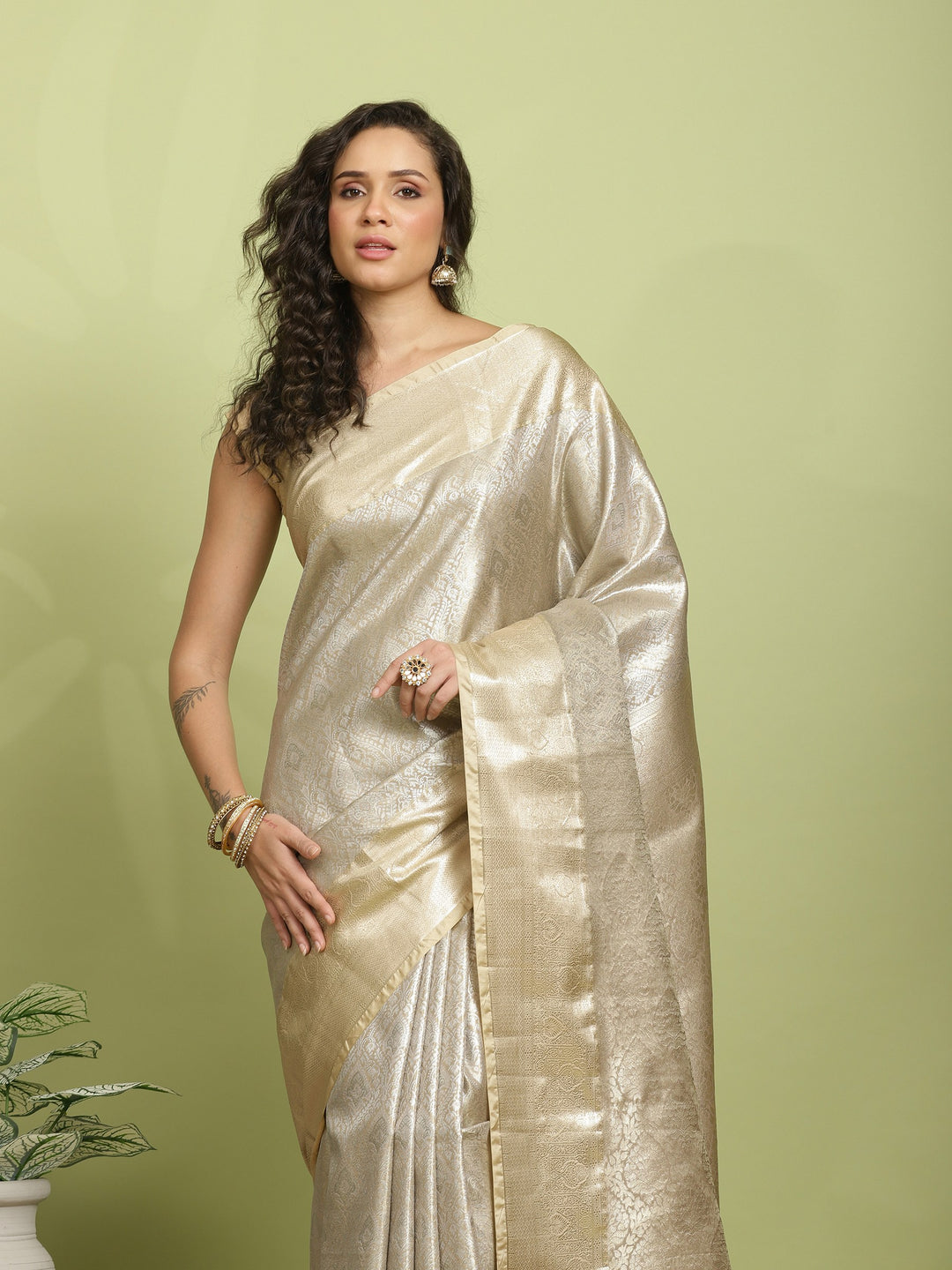 Beige Woven Design Art Silk Saree