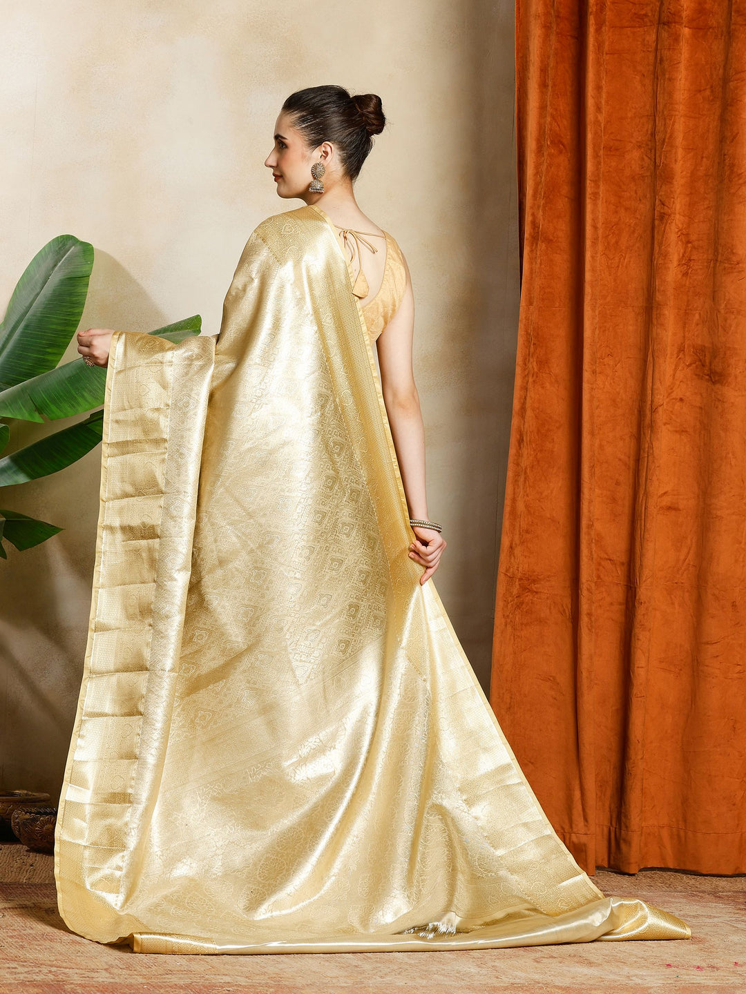 Golden Beige Kalamkari Woven Design Art Silk Saree