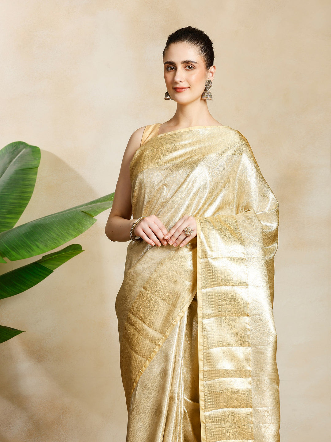 Golden Beige Kalamkari Woven Design Art Silk Saree