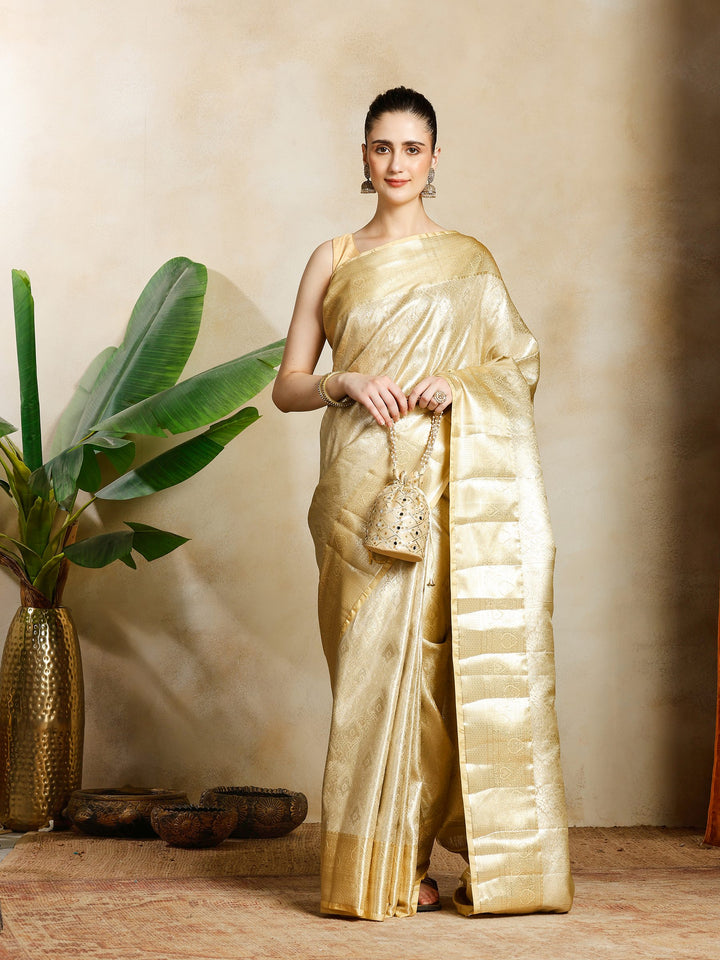 Golden Beige Kalamkari Woven Design Art Silk Saree