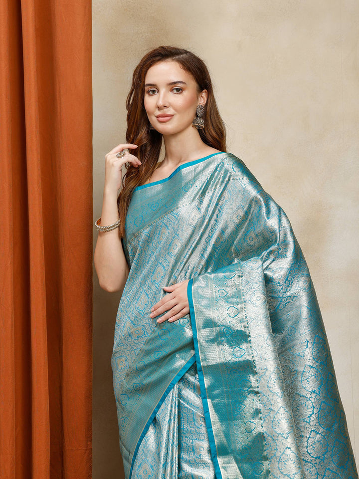 Lake Blue Kalamkari Woven Design Art Silk Saree