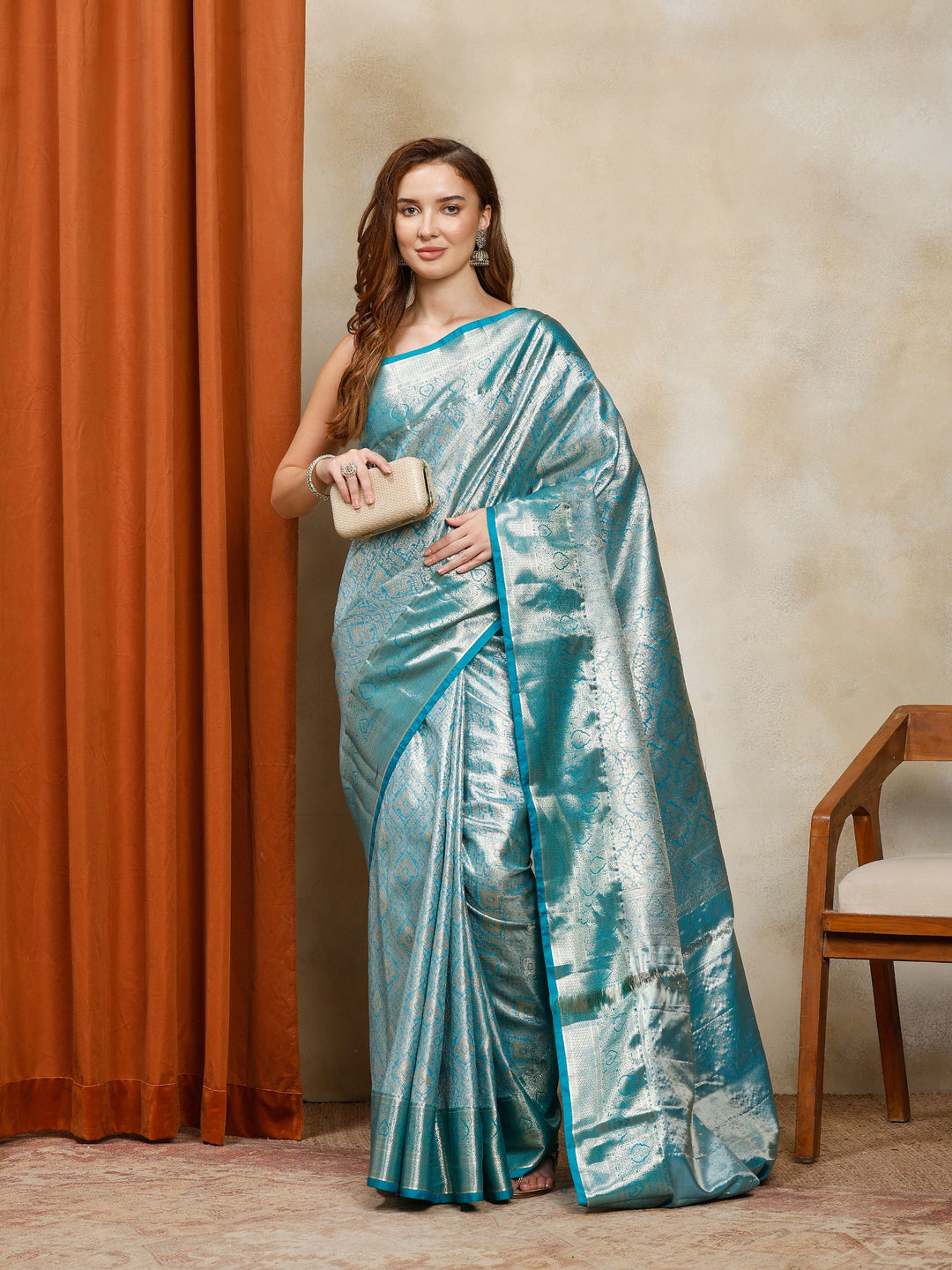 Lake Blue Kalamkari Woven Design Art Silk Saree