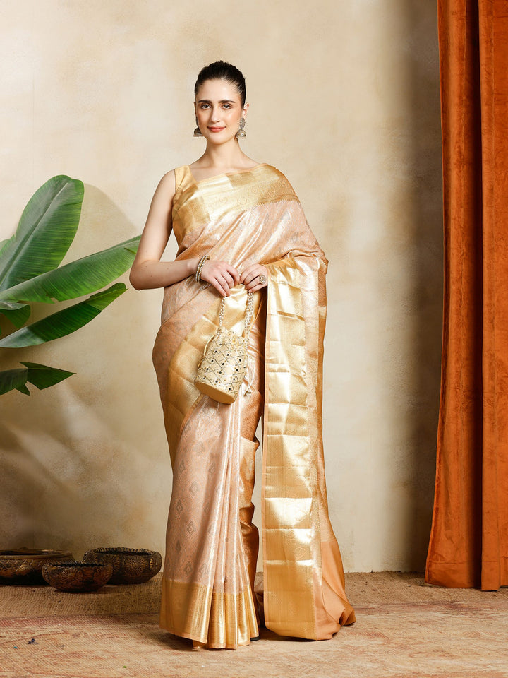 Peach Kalamkari Woven Design Art Silk Saree