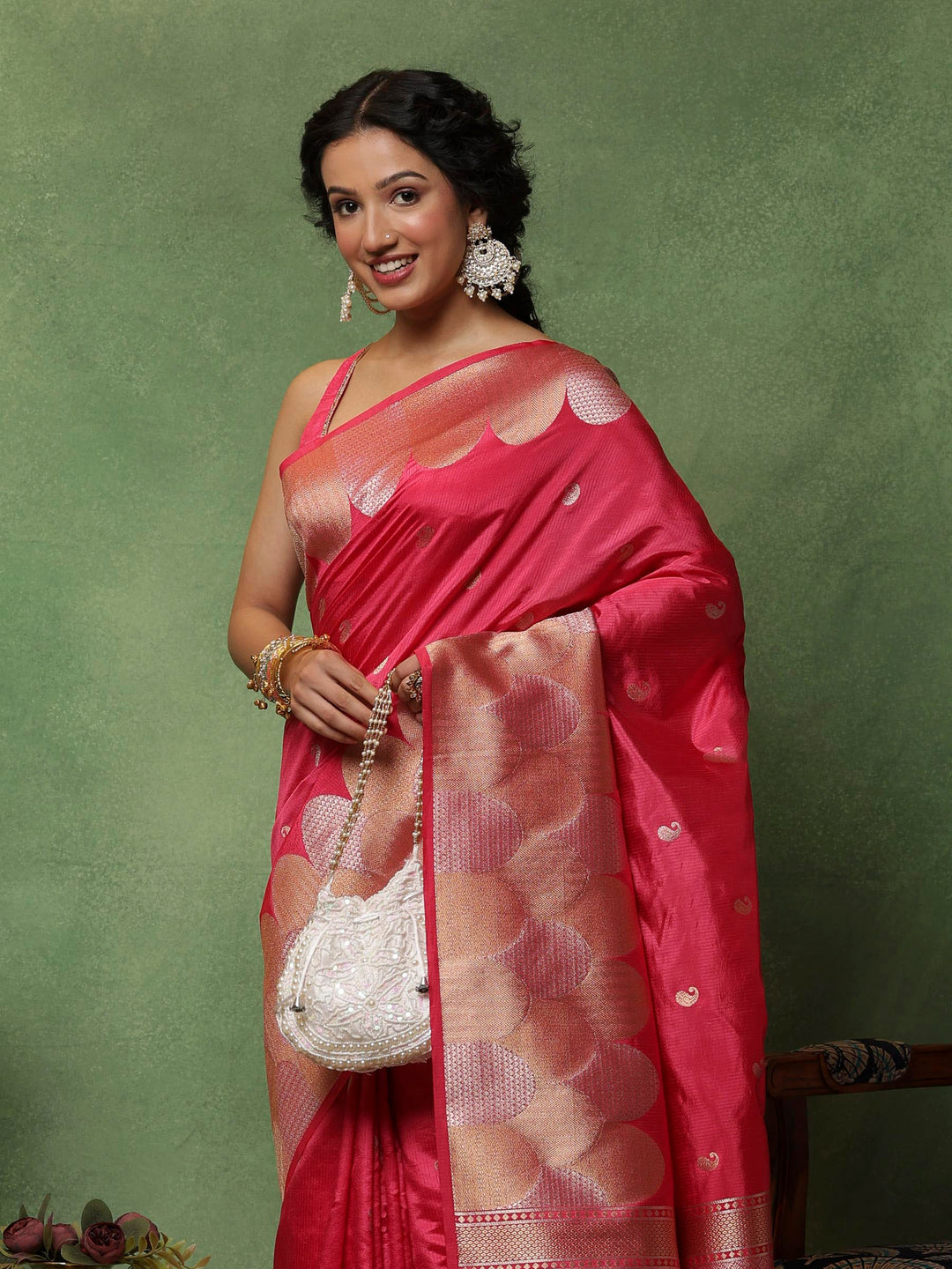 Hot Pink Woven Design Art Silk Saree
