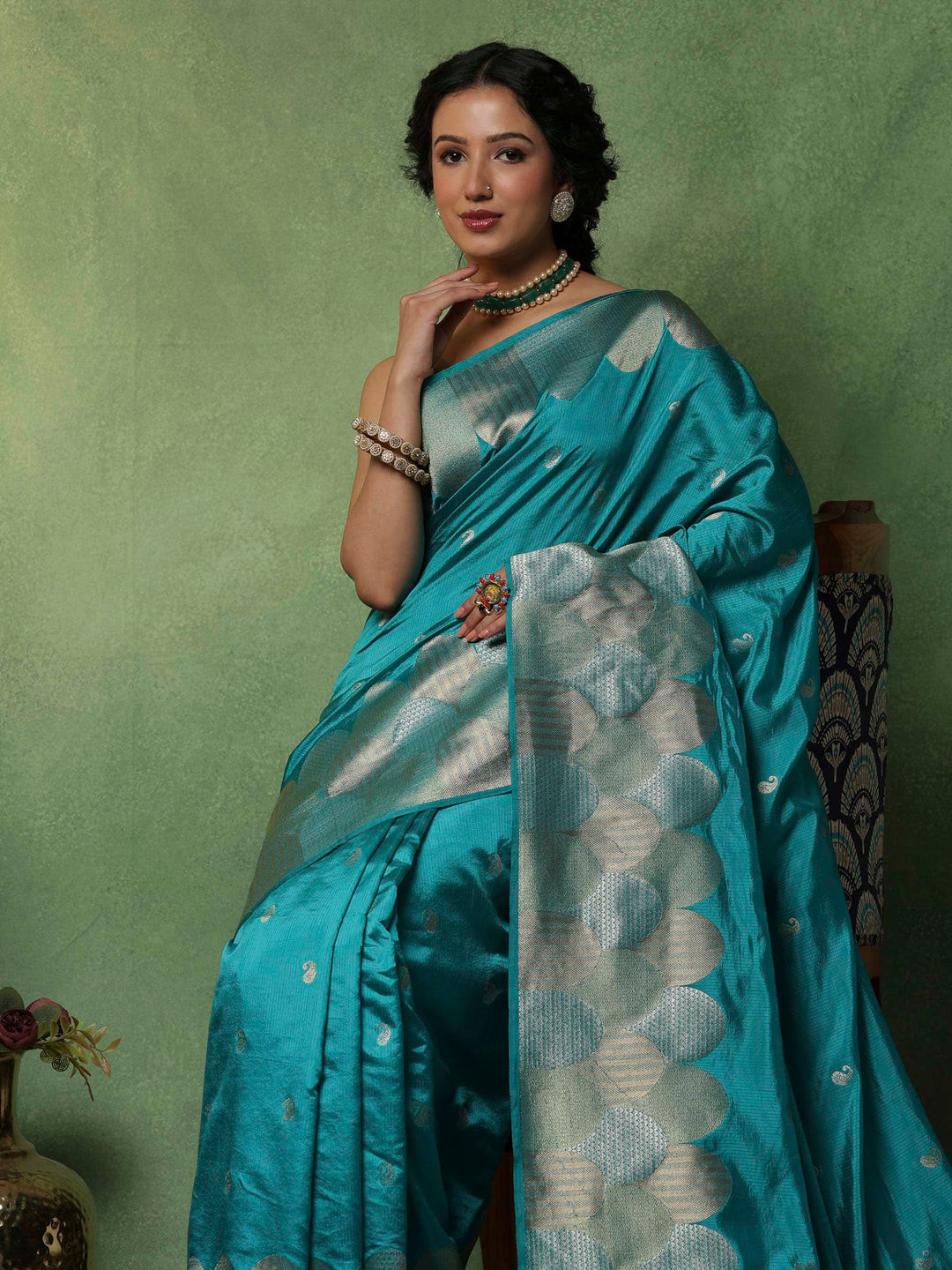Lake Blue Woven Design Art Silk Saree