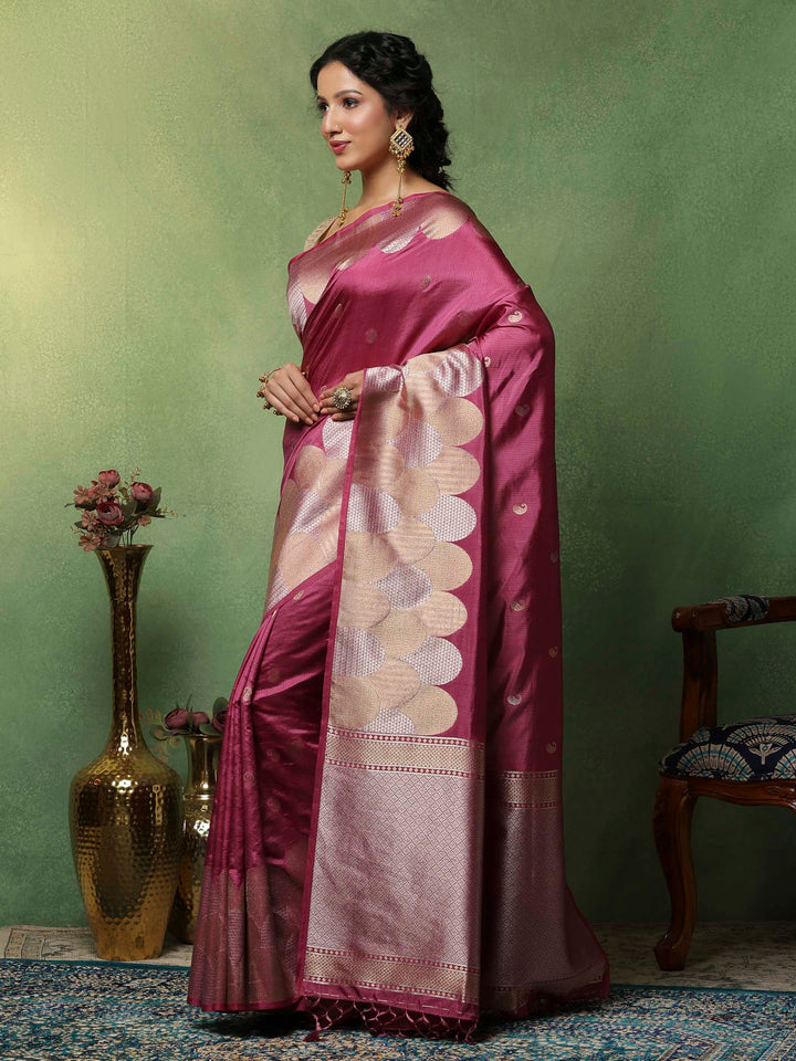 Magenta Woven Design Art Silk Saree