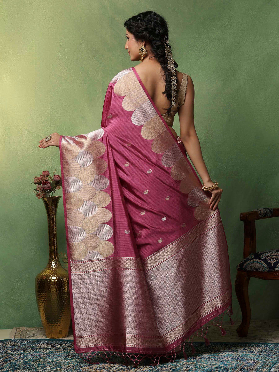 Magenta Woven Design Art Silk Saree