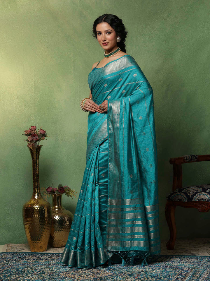 Lake Blue Woven Design Art Silk Saree