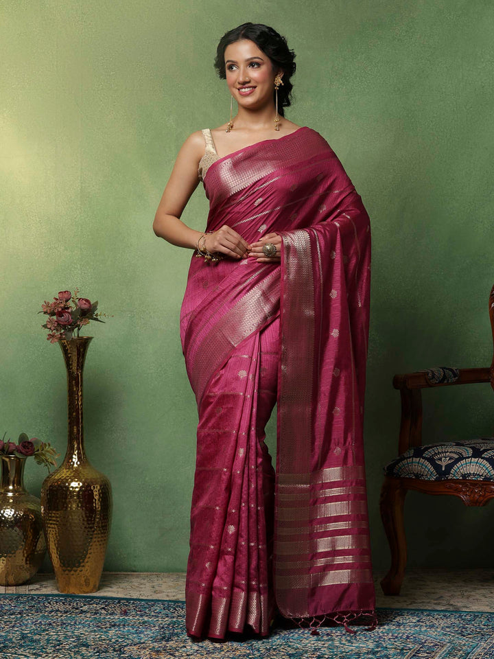 Magenta Woven Design Art Silk Saree