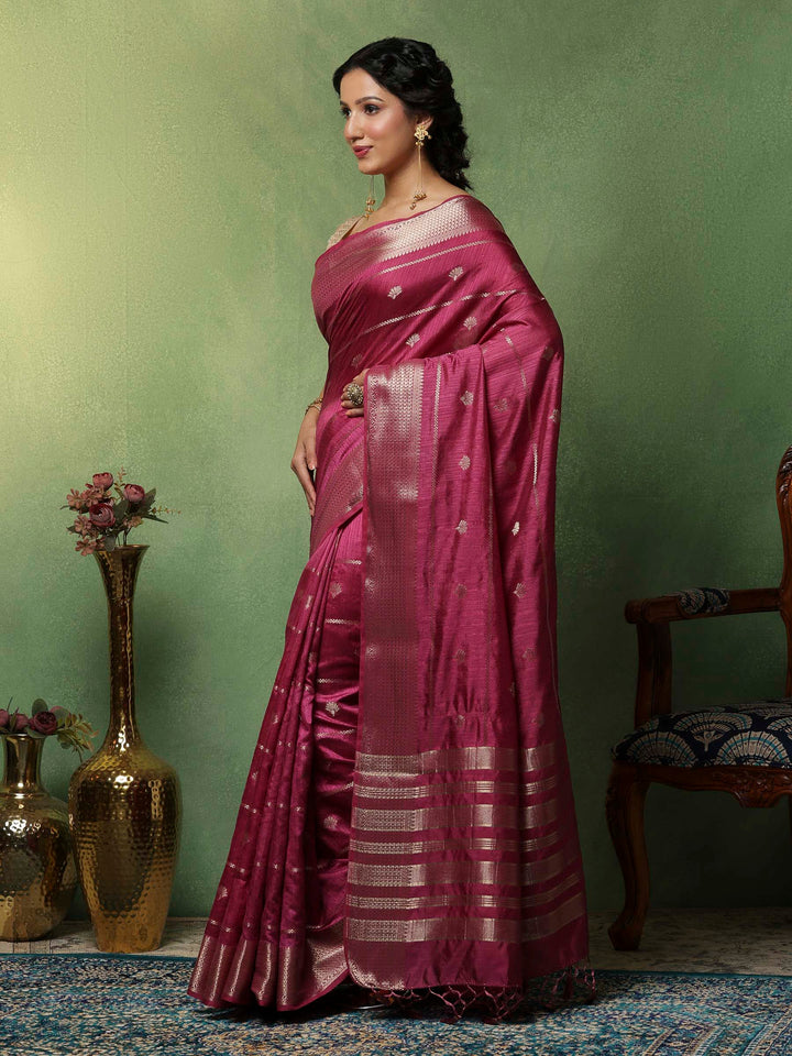 Magenta Woven Design Art Silk Saree