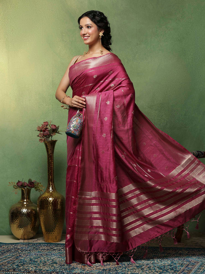 Magenta Woven Design Art Silk Saree