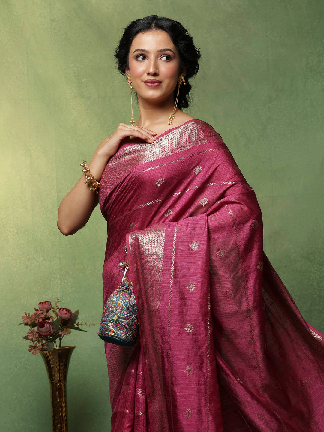 Magenta Woven Design Art Silk Saree