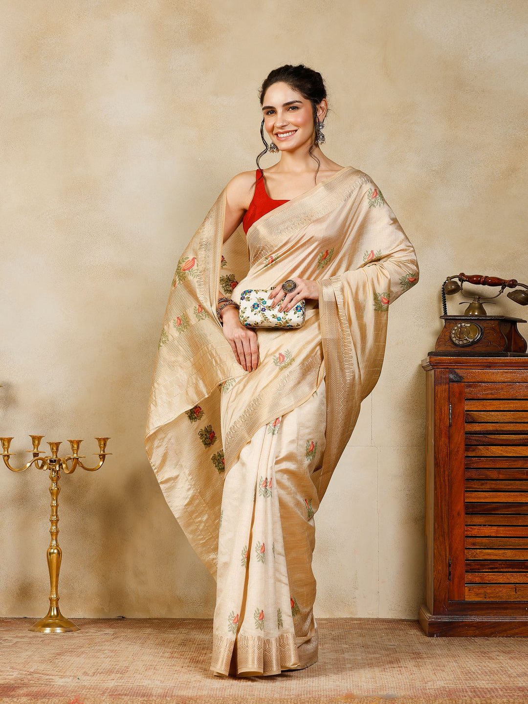 Beige Woven Design Art Silk Saree