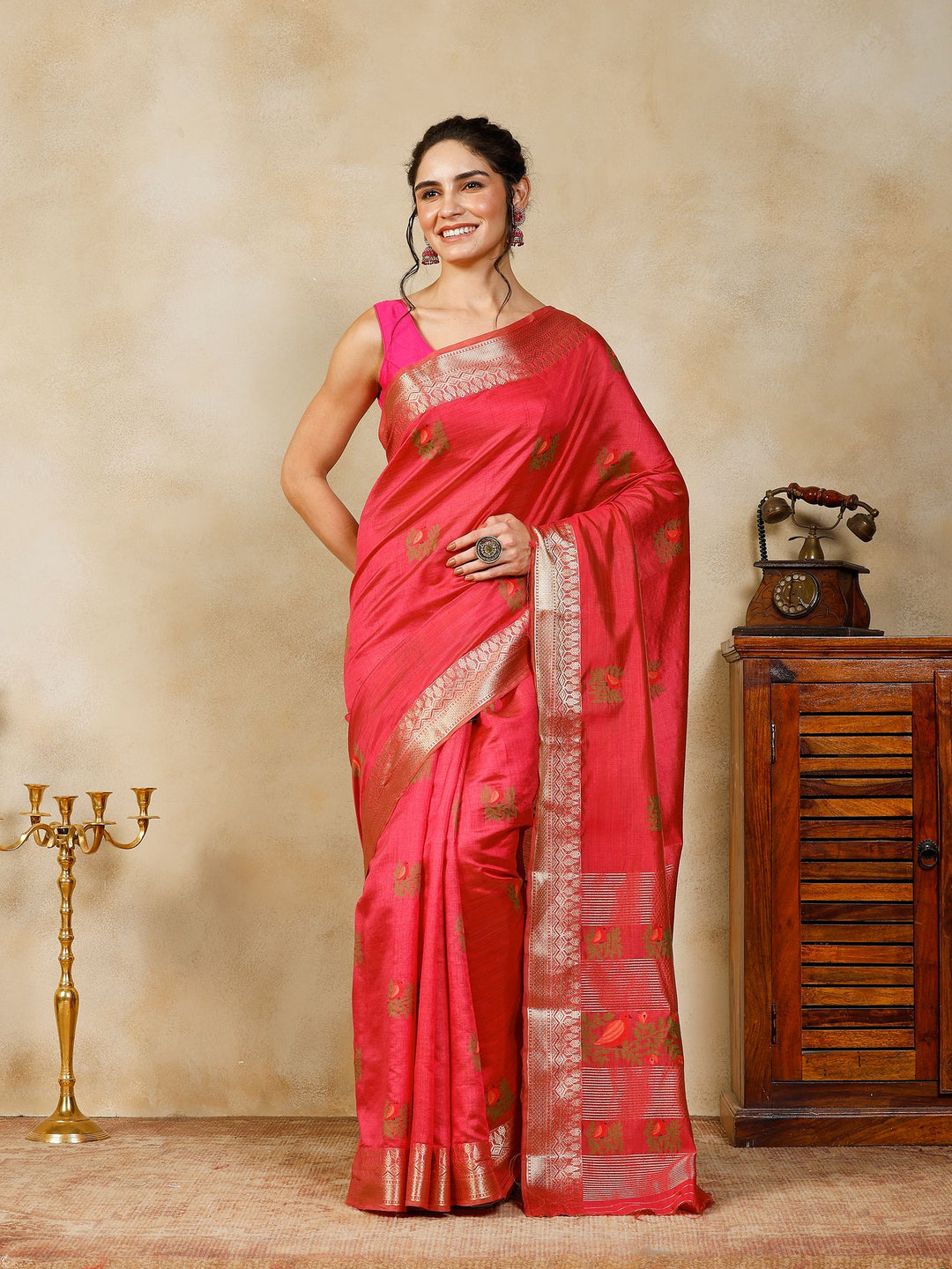Hot Pink Woven Design Art Silk Saree