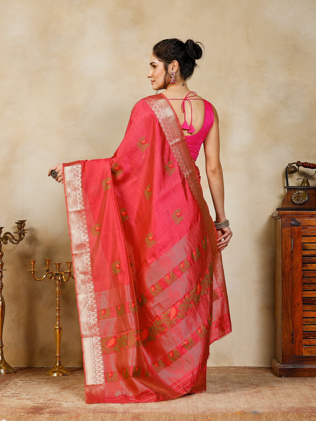 Hot Pink Woven Design Art Silk Saree