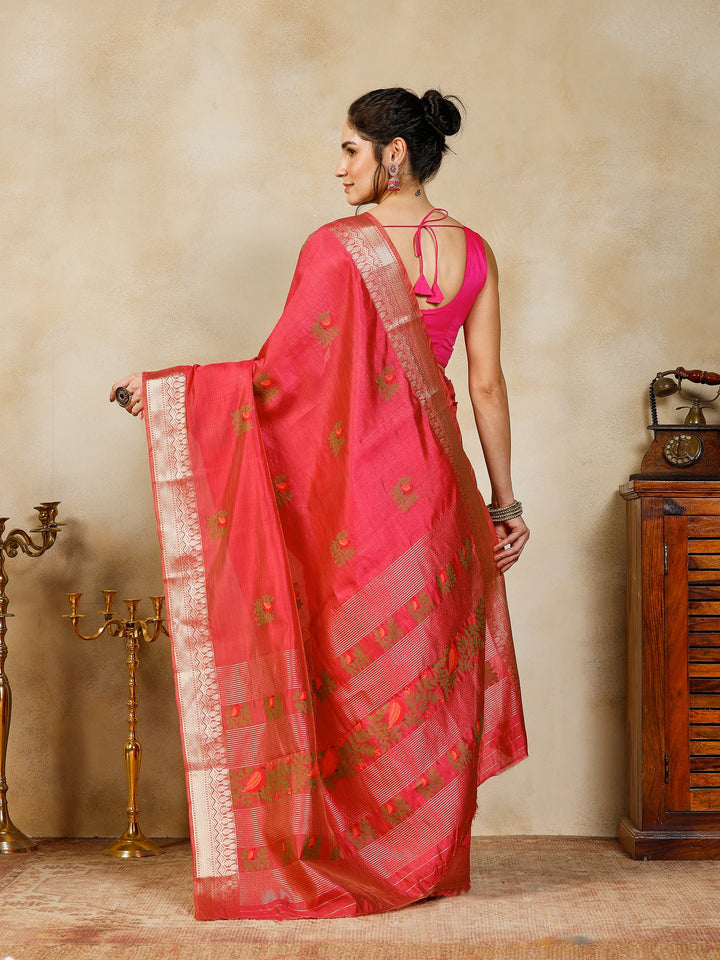 Hot Pink Woven Design Art Silk Saree