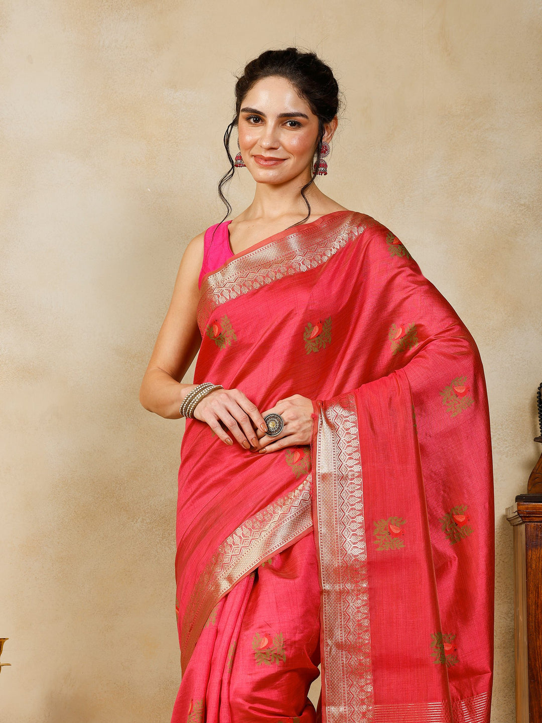 Hot Pink Woven Design Art Silk Saree
