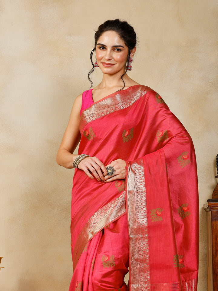 Hot Pink Woven Design Art Silk Saree