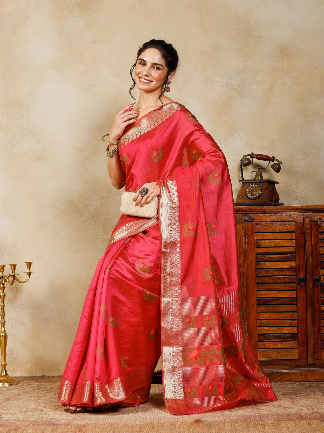 Hot Pink Woven Design Art Silk Saree