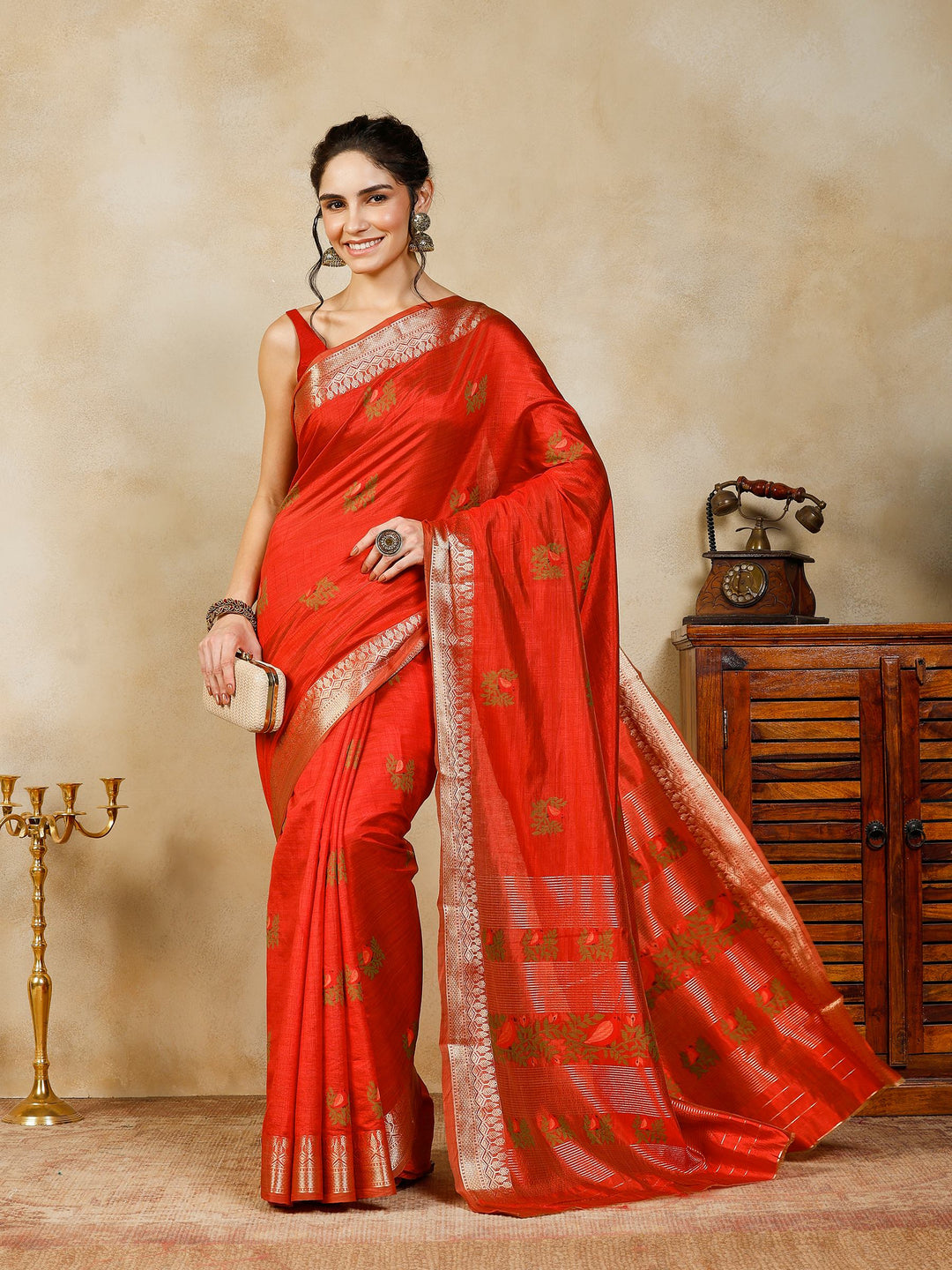 Rust Woven Design Art Silk Saree