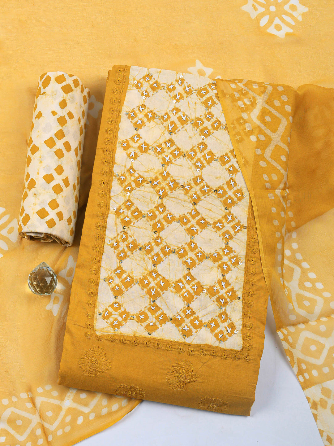 Embroidered Cotton Blend Unstitched Suit &amp; Pant With Cotton Dupatta